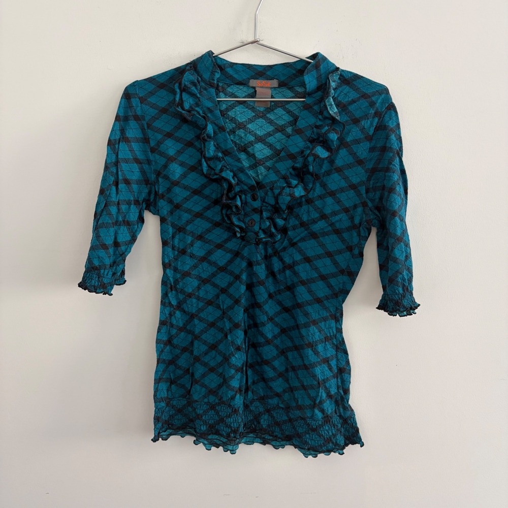 SoSik Womens Teal Black Diamond Plaid Ruffle V-Neck Blouse Large L